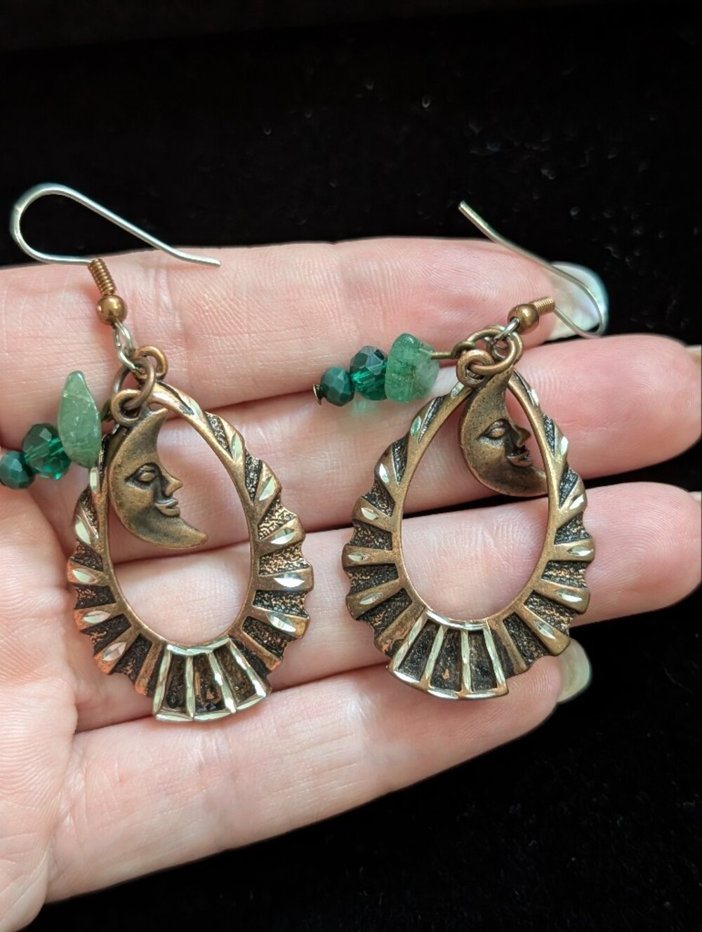 Bronze Crescent Sun Drop Earrings with Green Beads